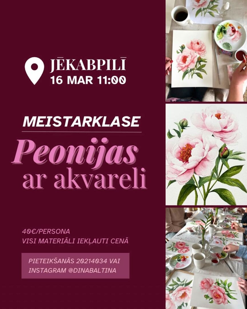 Iespēja iemācīties ar akvareļu krāsām uzburt peonijas