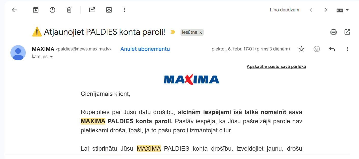 “Maxima” aicina nomainīt “Paldies” kontu paroles – konstatēti neatļautas piekļuves gadījumi